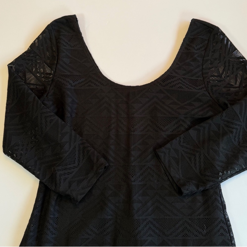 Fire Los Angeles Black Geometric Lace Bodycon Midi Dress 3/4 Sleeve Large L